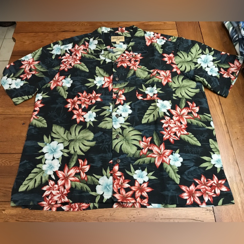 Men’s XXL Havana Jack’s Cafe Silk Hawaiian Shirt Black Red Green